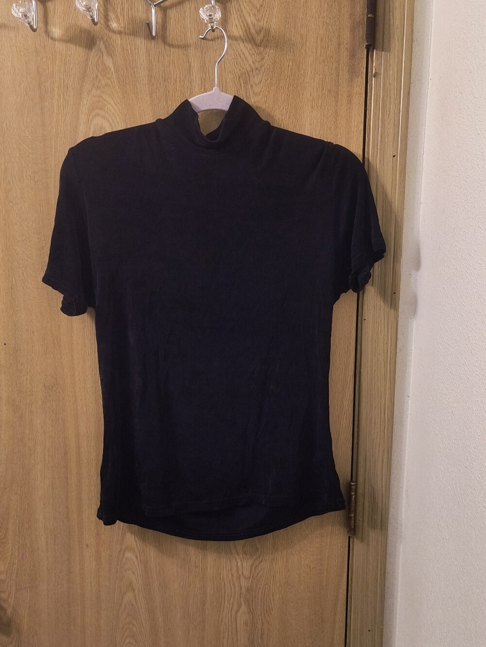 Vintage 90s Dress Barn Mock Neck Short Sleeve Top Black Ribbed Knit M - Picture 4 of 4